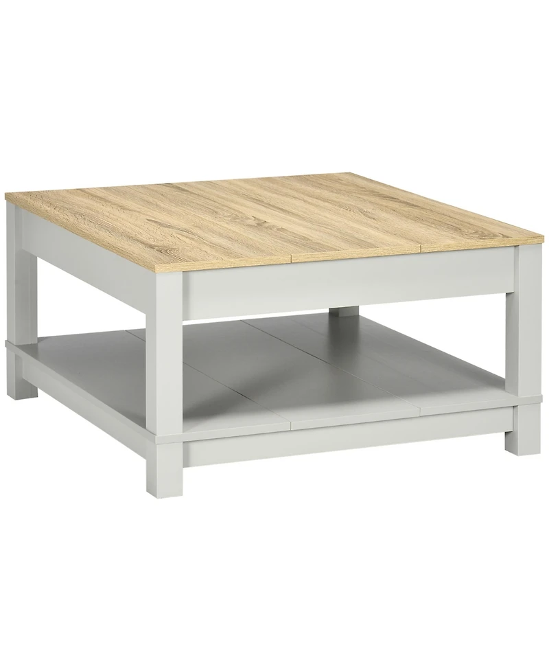 Homcom Coffee Table with Storage Shelf, Square Center Table with Thick Tabletop for Living Room, Natural and Gray