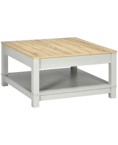 Homcom Coffee Table with Storage Shelf, Square Center Table with Thick Tabletop for Living Room, Natural and Gray