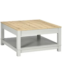 Homcom Coffee Table with Storage Shelf, Square Center Table with Thick Tabletop for Living Room, Natural and Gray