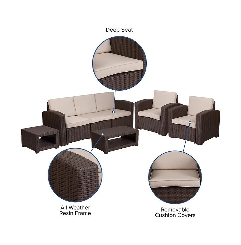 Errol 5 Piece Faux Rattan Patio Set - 2 Chairs And Sofa With Removable Cushions, Coffee Table And End Table