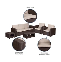 Errol 5 Piece Faux Rattan Patio Set - 2 Chairs And Sofa With Removable Cushions, Coffee Table And End Table