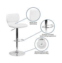 Set Of Two Swivel Bar Stools With Vertical Stitched Back And Adjustable Chrome Base Footrest
