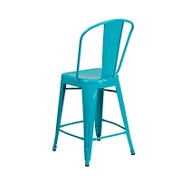 Stella 24" Metal Indoor-Outdoor Counter Stool With Vertical Slat Back And Integrated Footrest