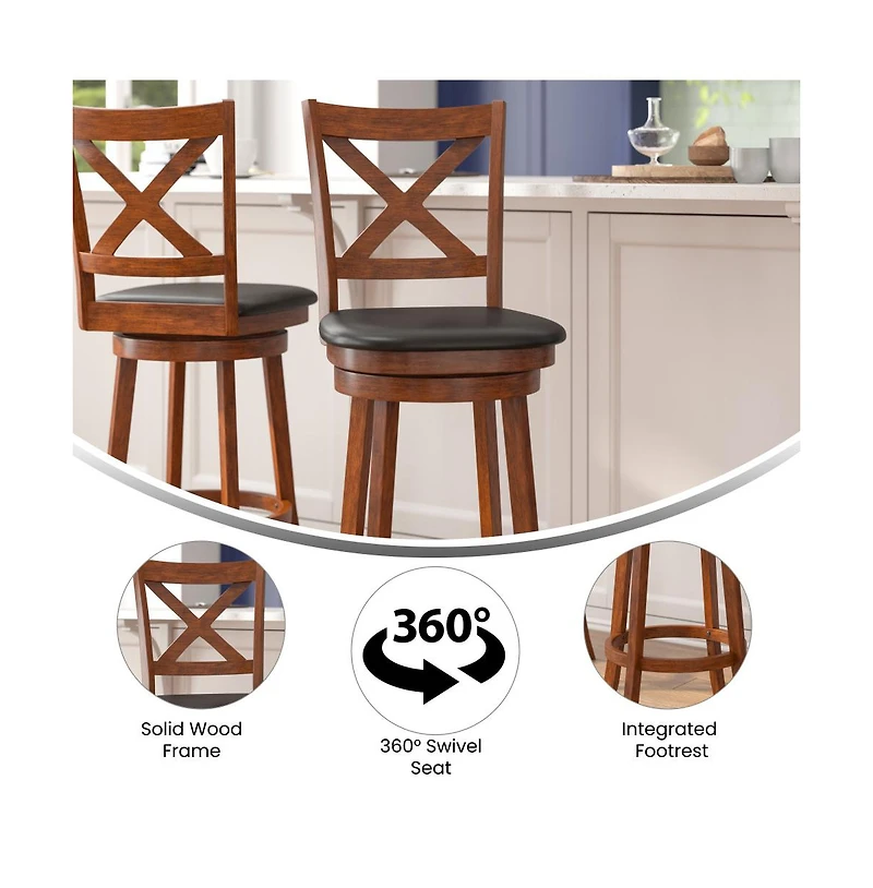 Sora Classic Wooden Crossback Swivel Bar Height Pub Stool With Upholstered Padded Seat And Integrated Footrest