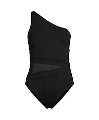 Lands' End Women's Chlorine Resistant Smoothing Control Mesh High Leg One Shoulder Piece Swimsuit