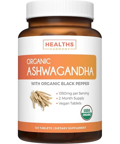 Healths Harmony Usda Organic Ashwagandha Tablets, Natural Adrenal Support, Cortisol & Thyroid Support, Immune Support, Health's Harmony, 120ct