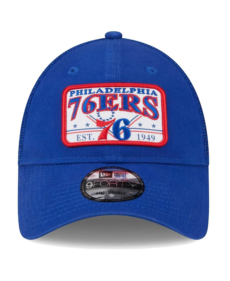 New Era Men's Royal Philadelphia 76ers Plate Oversized Patch Trucker 9Forty Adjustable Hat