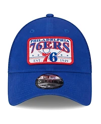 New Era Men's Royal Philadelphia 76ers Plate Oversized Patch Trucker 9Forty Adjustable Hat