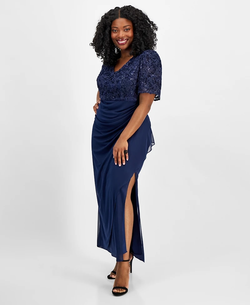Alex Evenings Plus Size Soutache Embellished Short-Sleeve Gown