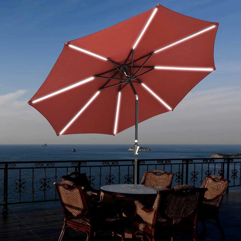 9ft Solar Led Patio Umbrella Outdoor Yard Parasol Cafe Sunshade Tilt with Crank