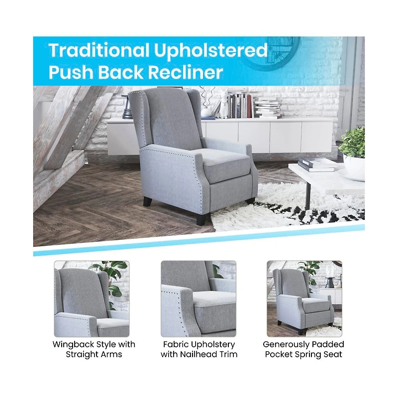 Mauro Contemporary Pushback Recliner With Accent Nail Trim-Wingback Manual