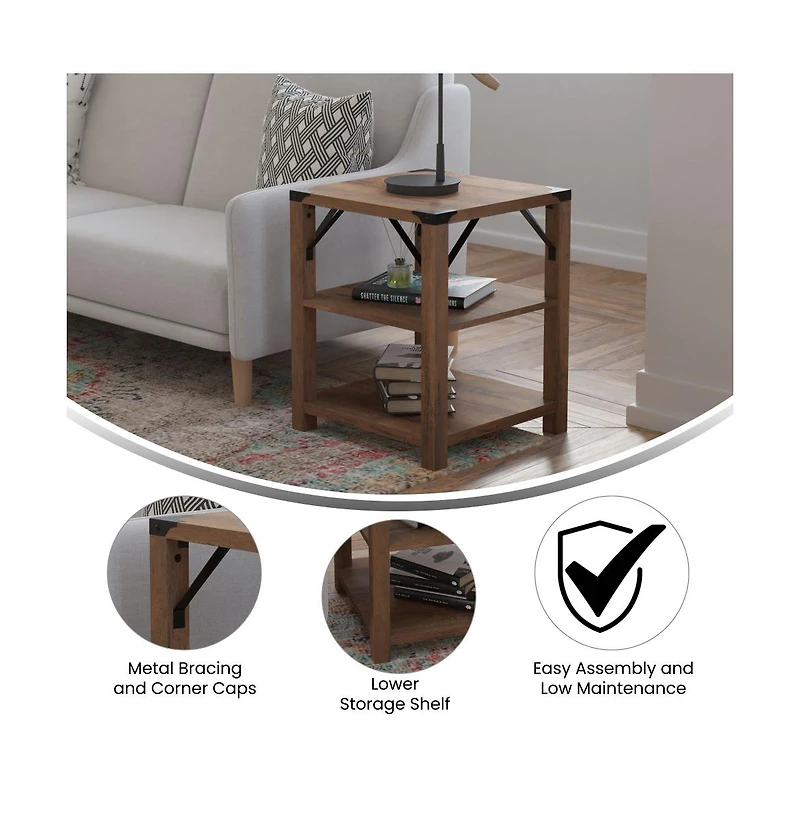 Merrick Lane Green River Modern Farmhouse Engineered Wood End Table With Two Tiered Shelving And Powder Coated Steel Accents