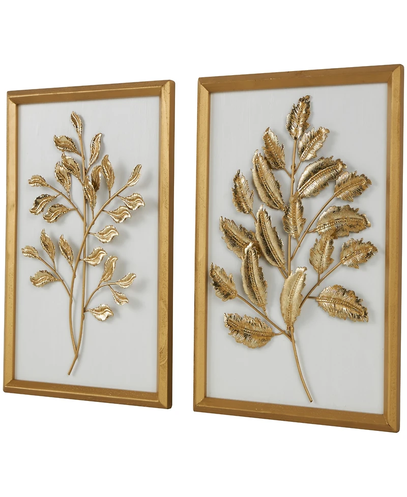 Rosemary Lane Gold Wood Leaf 3D Wall Decor with Beveled Frame, Set of 2 13"W, 17"H
