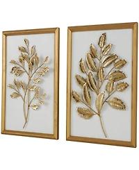Rosemary Lane Gold Wood Leaf 3D Wall Decor with Beveled Frame, Set of 2 13"W, 17"H