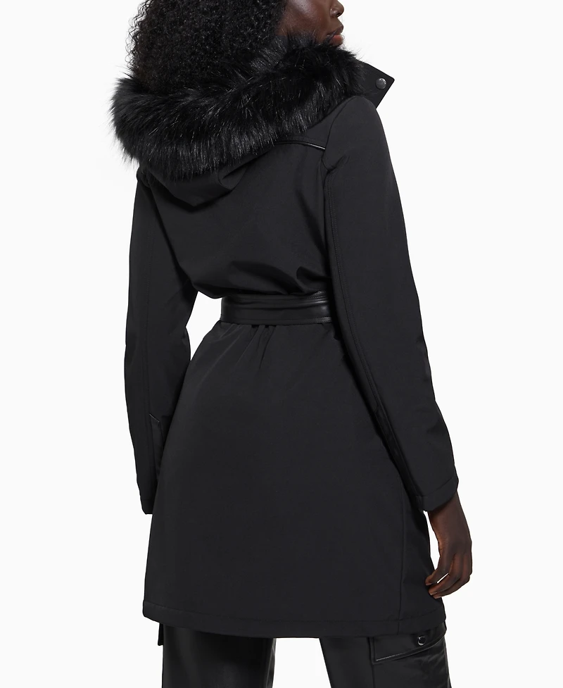 Guess Women's Faux-Fur-Trim Hooded Belted Raincoat