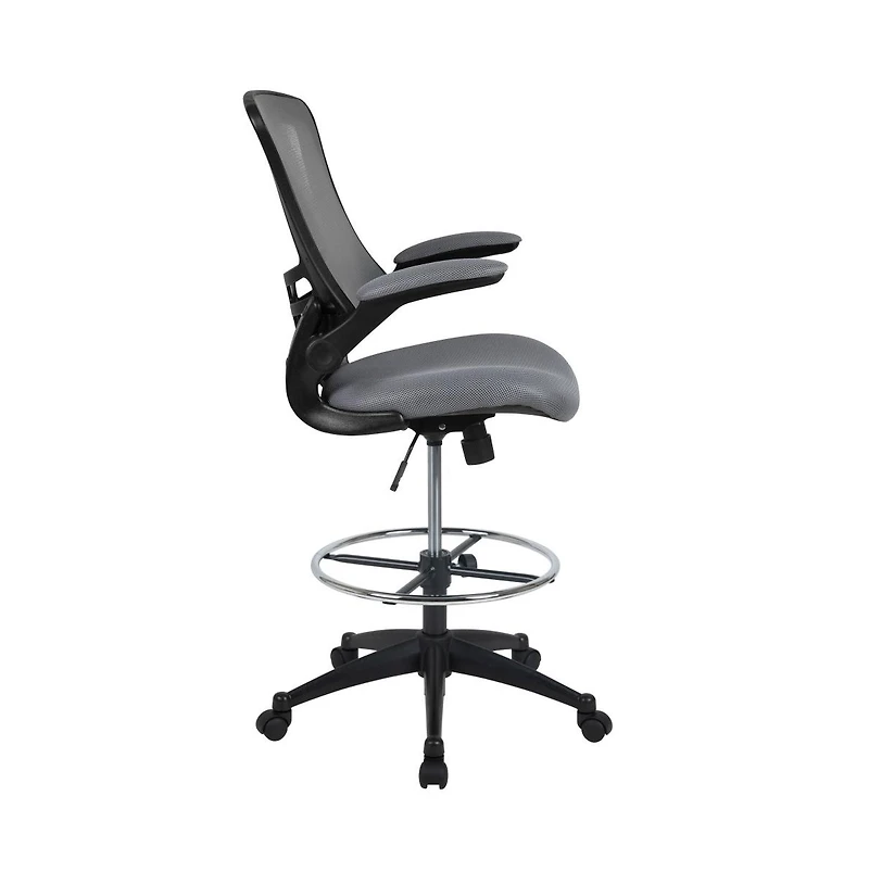 Emma+Oliver Mid-Back Mesh Ergonomic Drafting Chair With Foot Ring And Flip-Up Arms