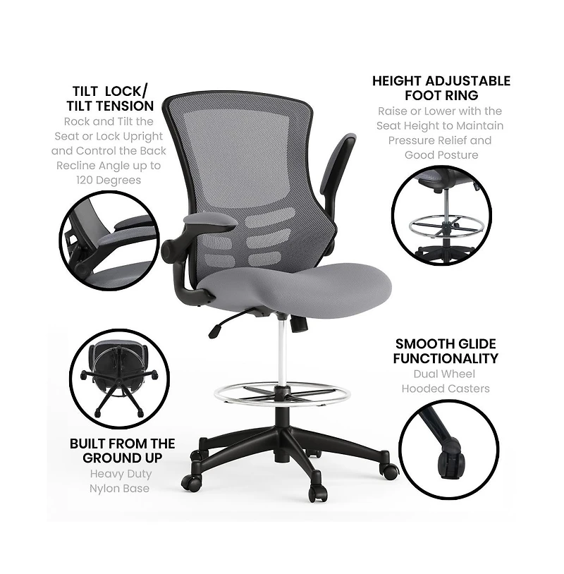 Emma+Oliver Mid-Back Mesh Ergonomic Drafting Chair With Foot Ring And Flip-Up Arms