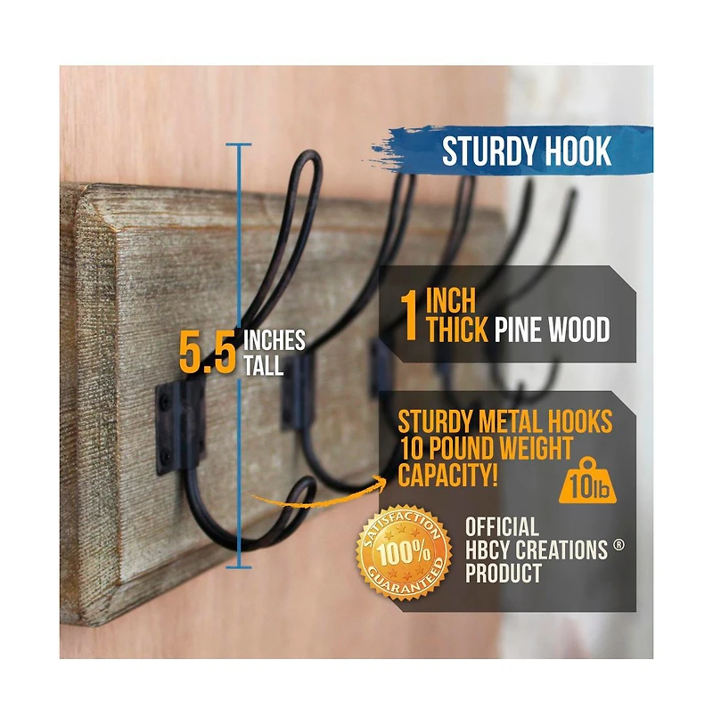 Rustic Coat Rack With Hooks -Wall Mount - Solid Pine Wood Entryway Hanger Farmhouse For Kitchen, Bedroom