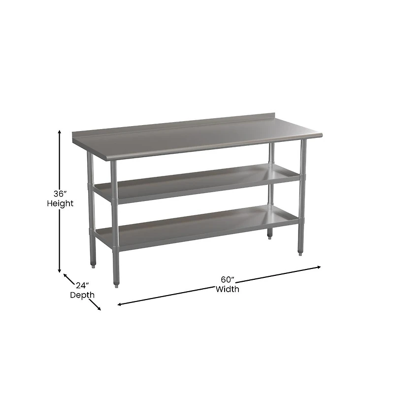Nsf Certified Stainless Steel 18 Gauge Work Table With 1.5" Backsplash And 2 Undershelves