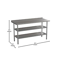 Nsf Certified Stainless Steel 18 Gauge Work Table With 1.5" Backsplash And 2 Undershelves