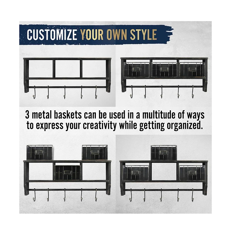 Rustic Coat Rack Wall Mounted Shelf With Hooks & Baskets, Entryway Organizer 5 And Cubbies