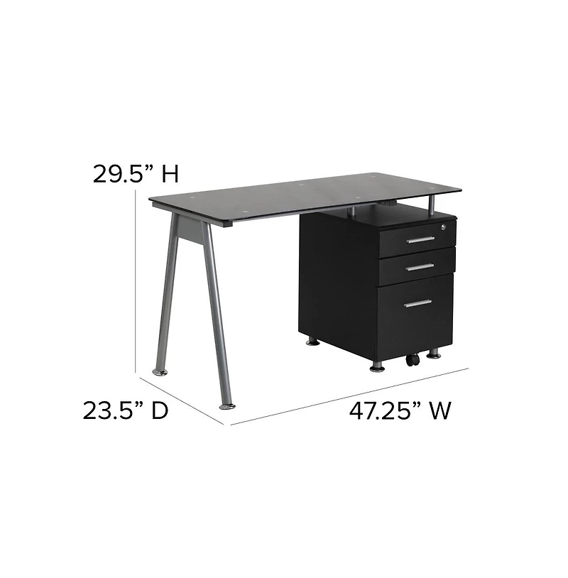 Emma+Oliver Computer Desk With Tempered Glass Top And Three Drawer Pedestal