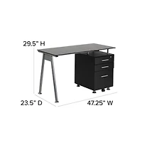 Emma+Oliver Computer Desk With Tempered Glass Top And Three Drawer Pedestal
