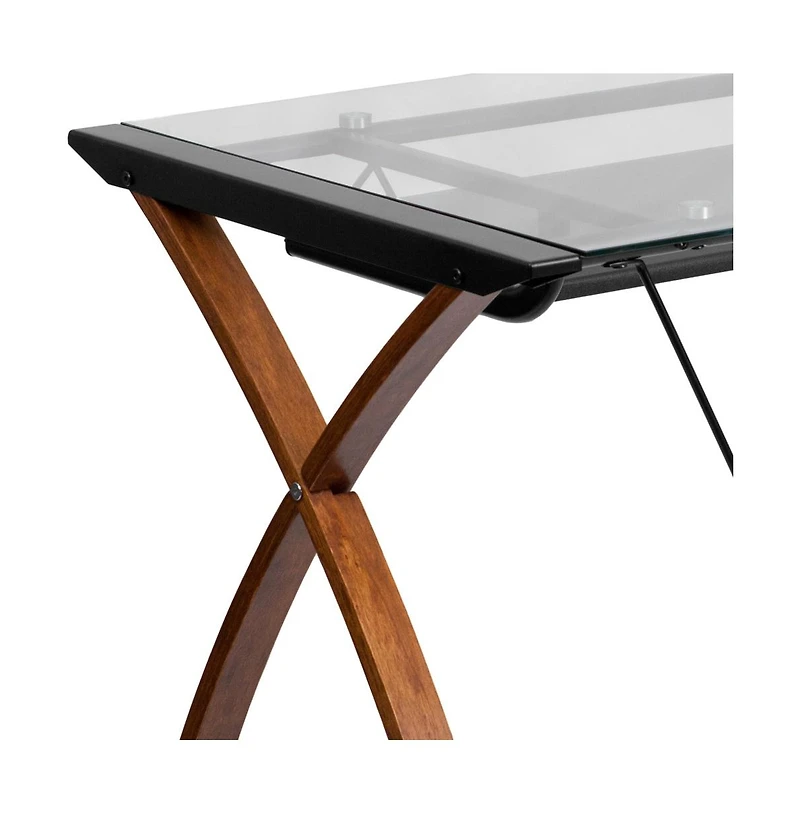 Glass Computer Desk-Pull-Out Keyboard Tray & Crisscross Frame