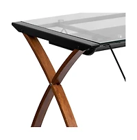 Glass Computer Desk-Pull-Out Keyboard Tray & Crisscross Frame