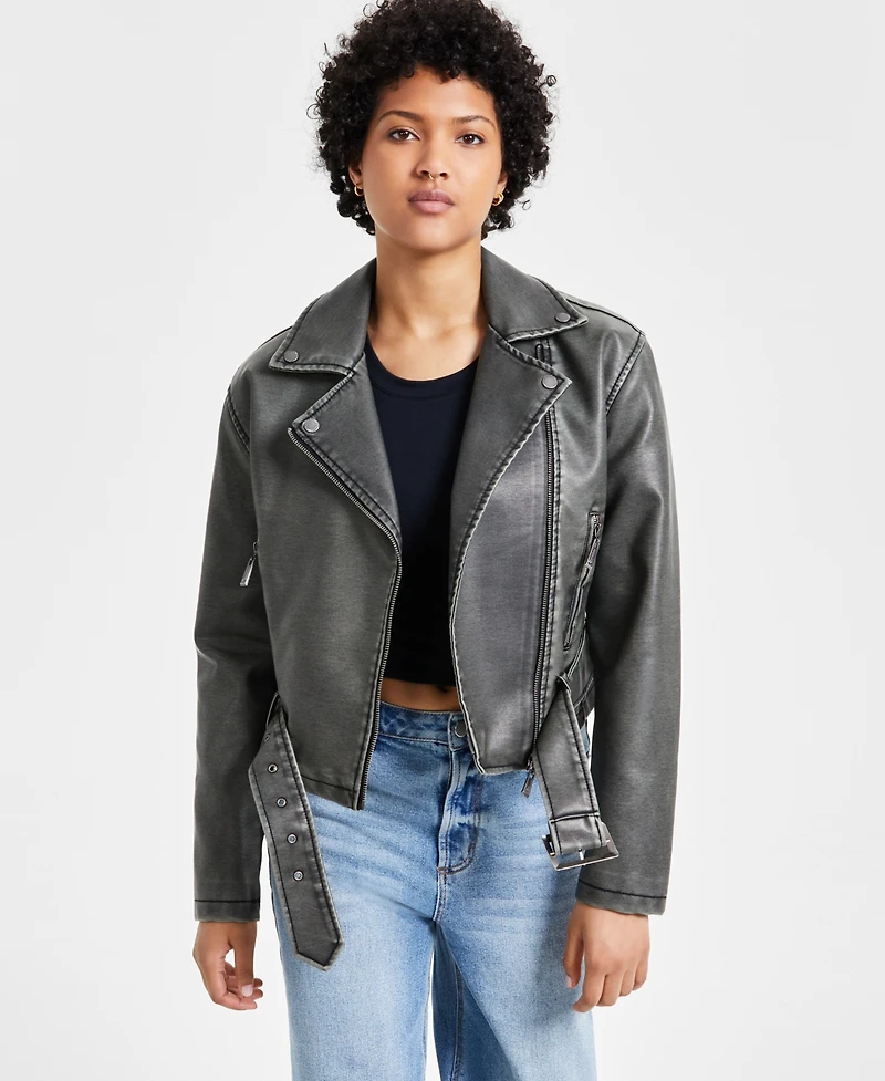 Jou Juniors' Distressed Asymmetric Moto Jacket, Created for Macy's