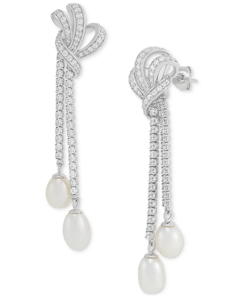 Arabella Freshwater Pearl (8x6mm & 7x5mm) Cubic Zirconia Knotted Drop Earrings in Sterling Silver