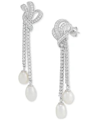 Arabella Freshwater Pearl (8x6mm & 7x5mm) Cubic Zirconia Knotted Drop Earrings in Sterling Silver