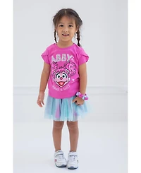 Sesame Street Toddler Girls Elmo Abby Cadabby T-Shirt Tulle Skirt and Scrunchie 3 Piece Outfit Set to