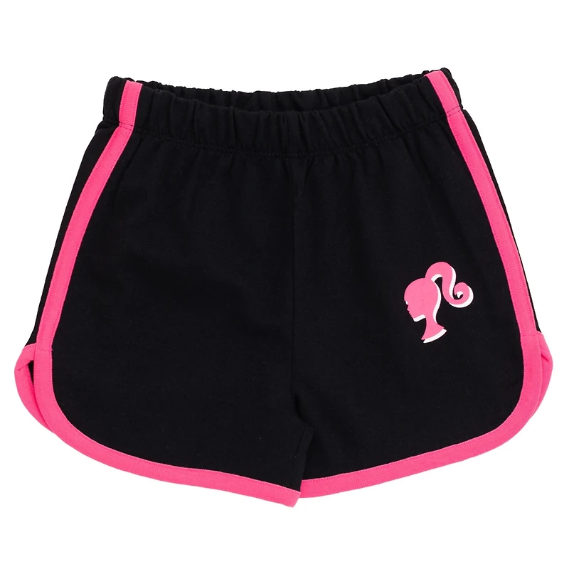 Barbie Little Girls French Terry T-Shirt and Active Retro Dolphin Shorts Outfit Set