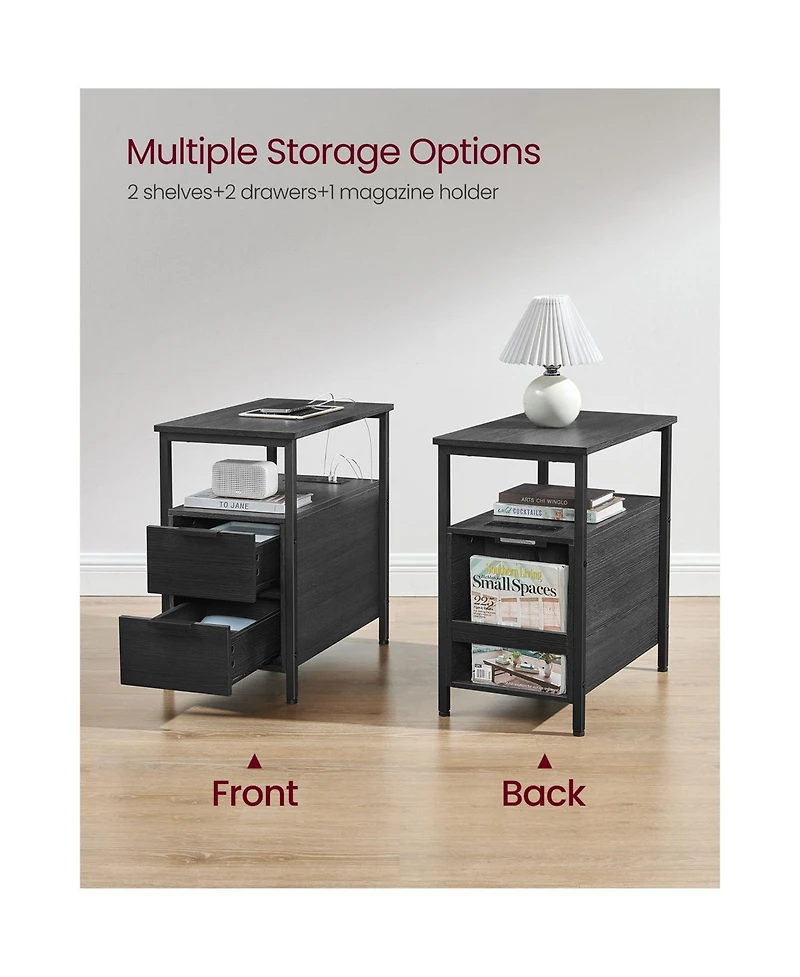 Narrow Nightstand Side Table With Usb Ports, Charging Station And Drawers