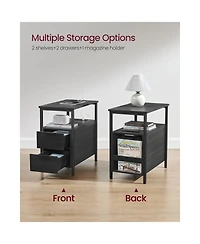 Narrow Nightstand Side Table With Usb Ports, Charging Station And Drawers