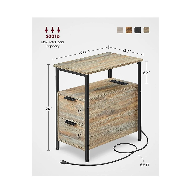 Narrow Nightstand Side Table With Usb Ports, Charging Station And Drawers