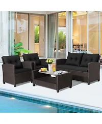Gymax 4PCS Outdoor Conversation Set Patio Pe Rattan w/ Glass Table & Sofa Cushions