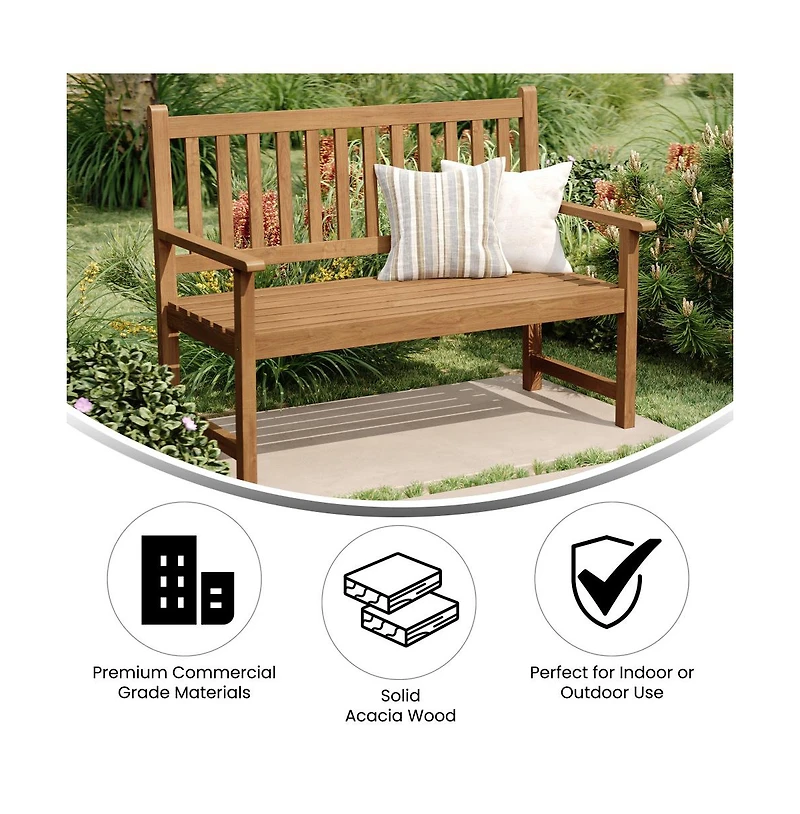 Andover Indoor/Outdoor Patio Bench/Dual-Person Loveseat With Slatted Acacia Wood Design For Use In Sunroom, Backyard, Porch, Or Garden