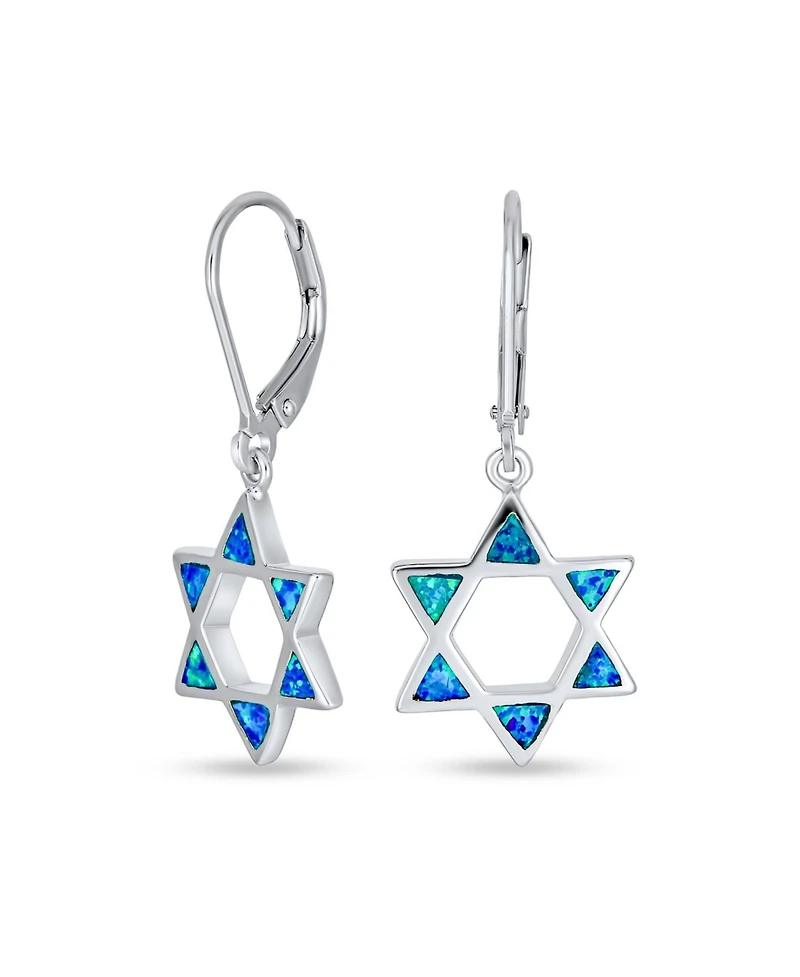 Bling Jewelry Created Blue Opal Religious Judaica Magen Hanukkah Star Of David Leverback Dangle Earrings Bat Mitzvah Sterling Silver