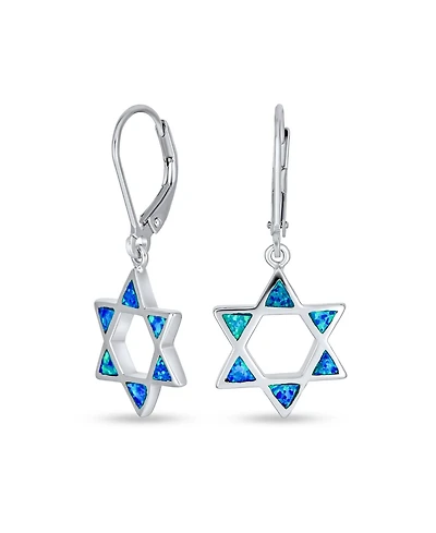 Bling Jewelry Created Blue Opal Religious Judaica Magen Hanukkah Star Of David Leverback Dangle Earrings Bat Mitzvah Sterling Silver