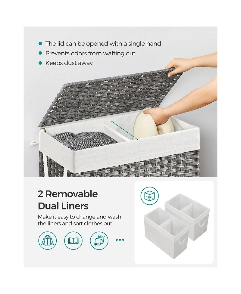 Slickblue Synthetic Rattan Laundry Hamper with Lid, 2 Sections Removable Liner Bag