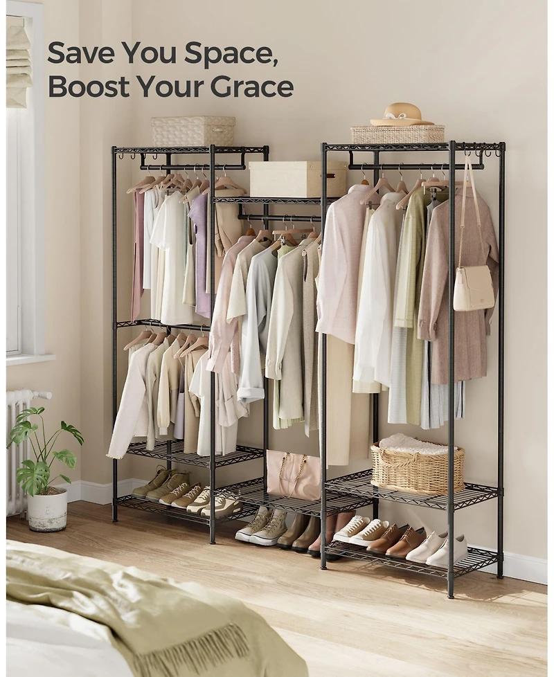 Slickblue Freestanding Metal Clothing Racks, Garment Rack with Adjustable Wire Shelves, Hanging Rods, Hooks