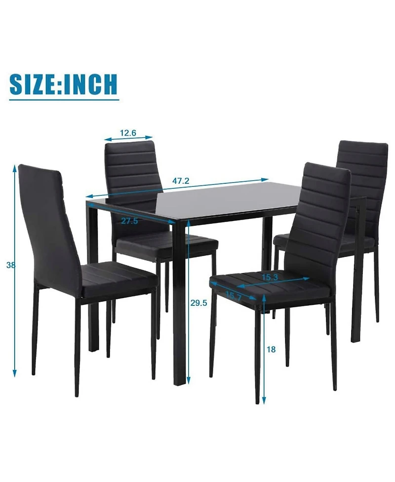 Sugift 5 Piece Dining Table Set for 4 Glass Dining Table and 4 Chairs Black