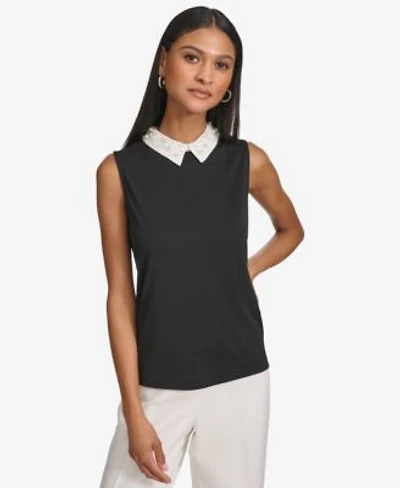 Karl Lagerfeld Paris Womens Embellished Collar Sleeveless Blouse