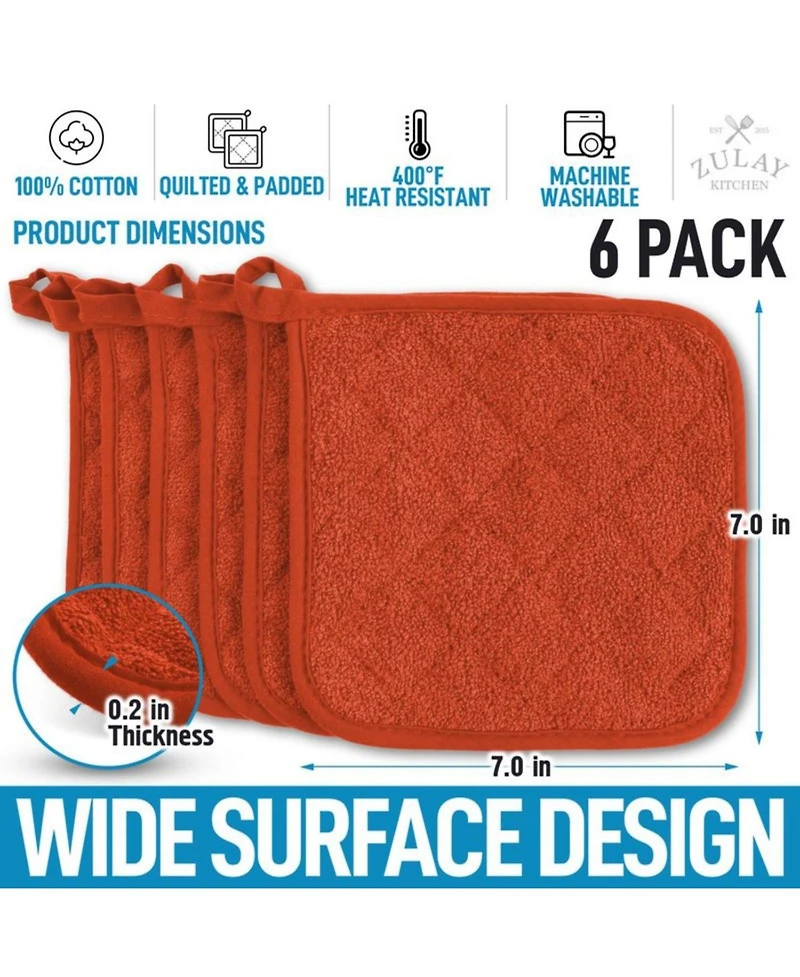 Washable Quilted Terry Cloth Potholder for Cooking and Baking (6 Pack)