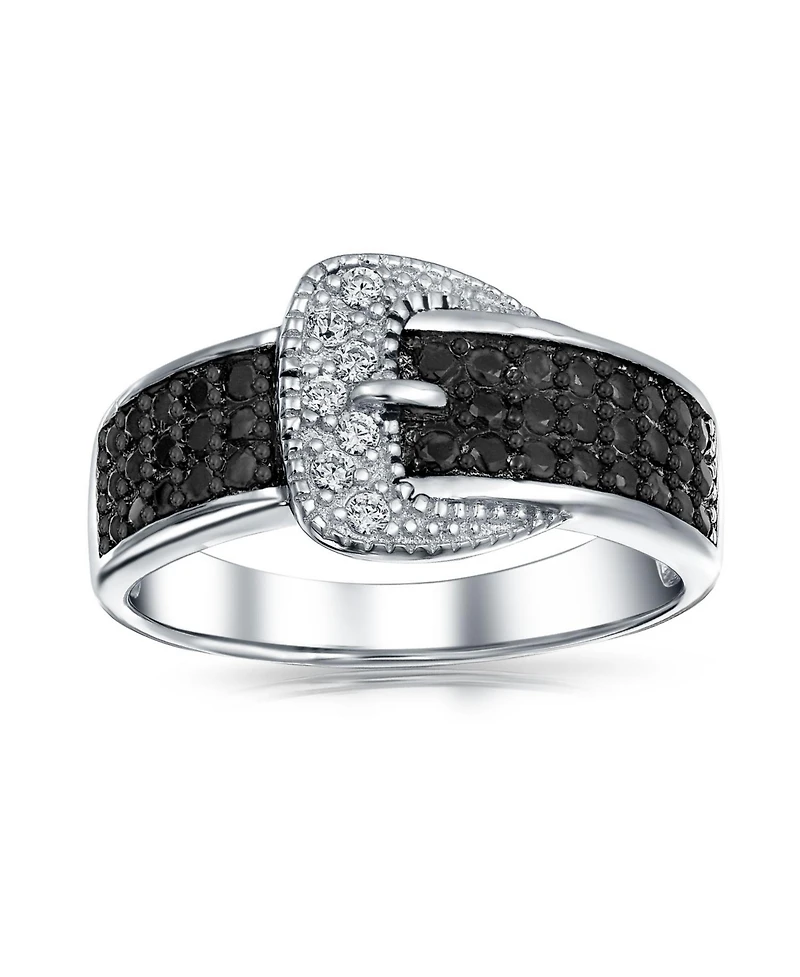 Bling Jewelry Trendy Fashion Pave Cubic Zirconia Black Cz Statement Belt Buckle Band Ring .925 Sterling Silver