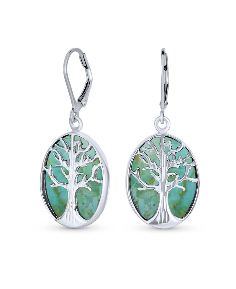 Bling Jewelry Large Oval Natural Stone Shell Lever Back Mother Of Pearl Family Tree Life Dangle Earrings .925 Sterling Silver