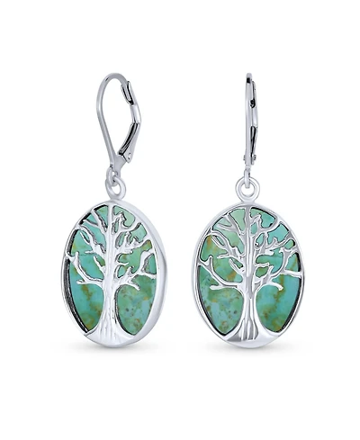 Bling Jewelry Large Oval Natural Stone Shell Lever Back Mother Of Pearl Family Tree Life Dangle Earrings .925 Sterling Silver