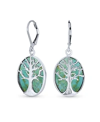 Bling Jewelry Large Oval Natural Stone Shell Lever Back Mother Of Pearl Family Tree Life Dangle Earrings .925 Sterling Silver
